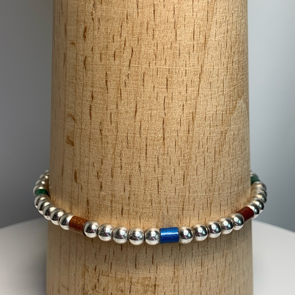 Vintage Sterling Silver & Multi-Color Tube w/Sterling Beaded Bracelet - 7”